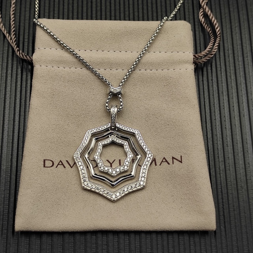 David Yurman Silver Triple-Hexagon Pavé Pendant Necklace